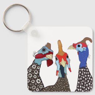 Three Cute Patterned Guinea Fowl Birds Key Ring