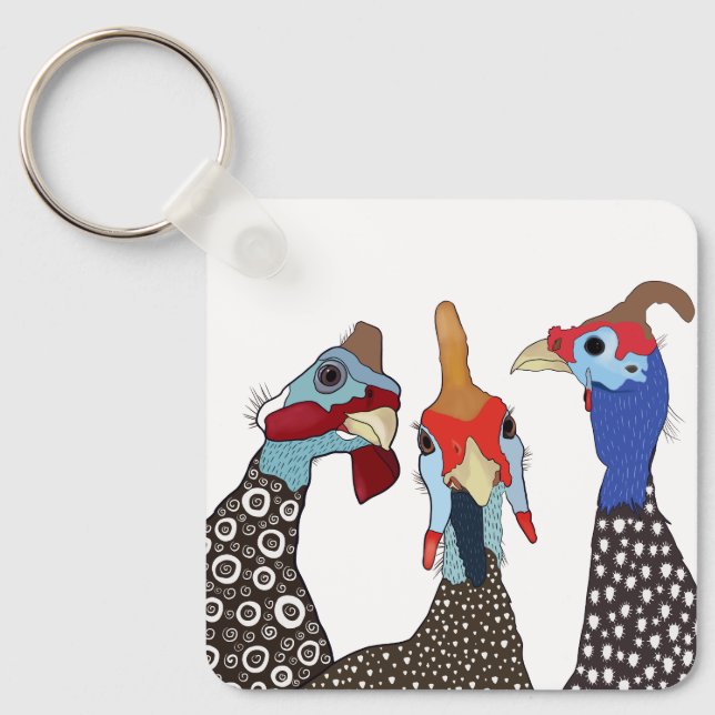 Three Cute Patterned Guinea Fowl Birds Key Ring (Front)