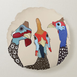 Three Cute Patterned Guinea Fowl Birds Round Cushion