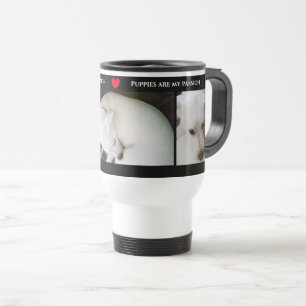 Three Cute Photos of a Beautiful White Dog Black Travel Mug
