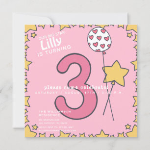 Three - Cute Pink & Yellow Kids 3rd Birthday Invitation
