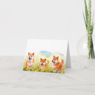 three cute shiba inus and dandelions greeting card