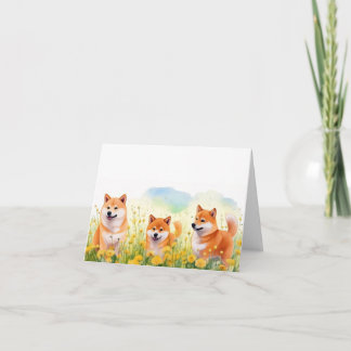 three cute shiba inus and dandelions greeting card