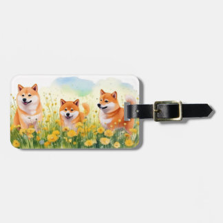 three cute shiba inus and dandelions luggage tag