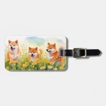 three cute shiba inus and dandelions luggage tag