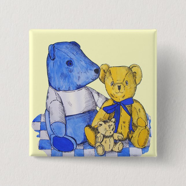 three cute teddies on picnic cloth original art 15 cm square badge (Front)