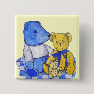 three cute teddies on picnic cloth original art 15 cm square badge