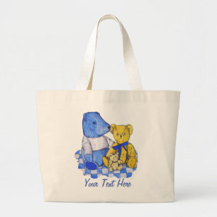 three cute teddies on picnic cloth original art large tote bag