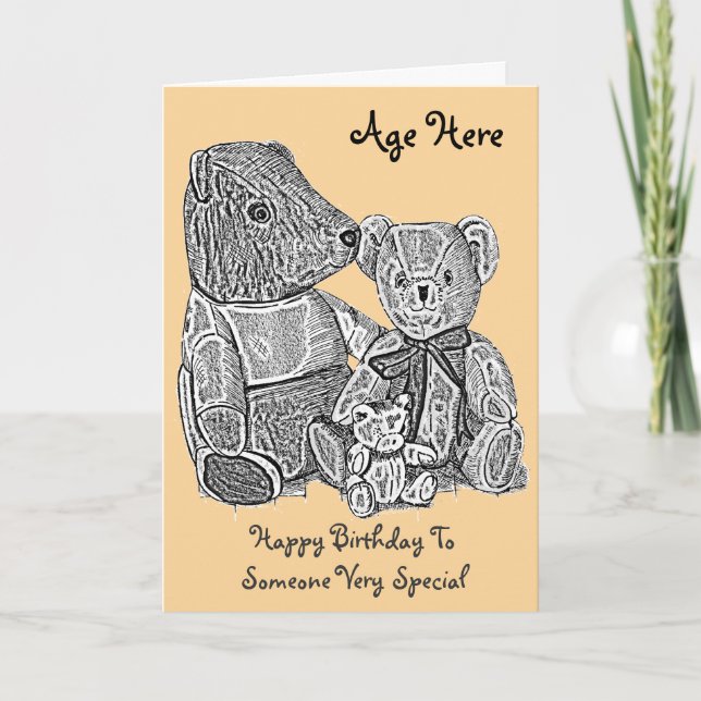 Three cute teddy bears black and white age card (Front)