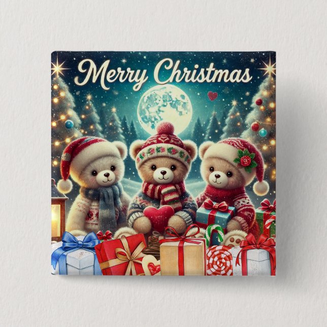 Three Cute Teddy Bears Merry Christmas 15 Cm Square Badge (Front)