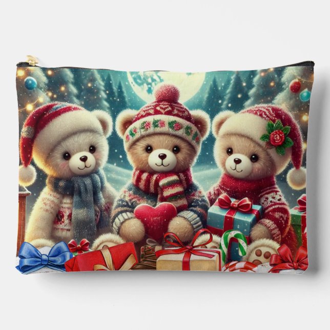 Three Cute Teddy Bears Merry Christmas Accessory Pouch (Front)