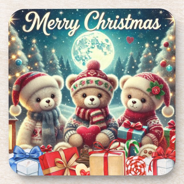 Three Cute Teddy Bears Merry Christmas  Coaster (Front)