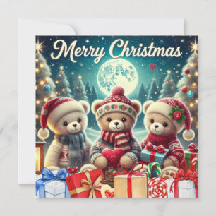 Three Cute Teddy Bears Merry Christmas Holiday Card