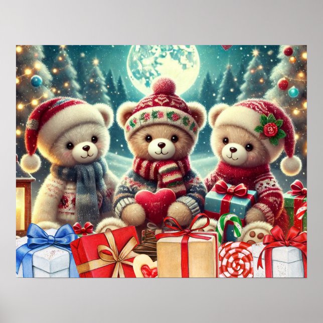 Three Cute Teddy Bears Merry Christmas Poster (Front)