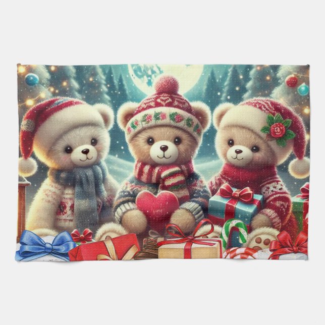Three Cute Teddy Bears Merry Christmas Tea Towel (Horizontal)