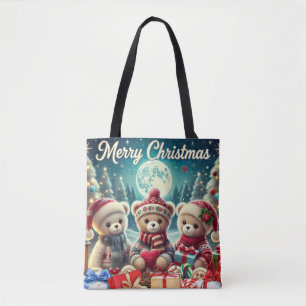 Three Cute Teddy Bears Merry Christmas Tote Bag