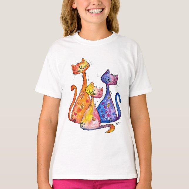 Three Cute Whimsical Cats T-Shirt (Front)