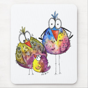 Three Cute Whimsical Colorful Birds Mouse Mat