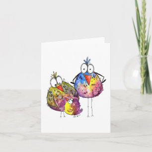 Three Cute Whimsical Colourful Birds Card