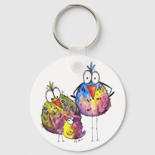 Three Cute Whimsical Colourful Birds Key Ring