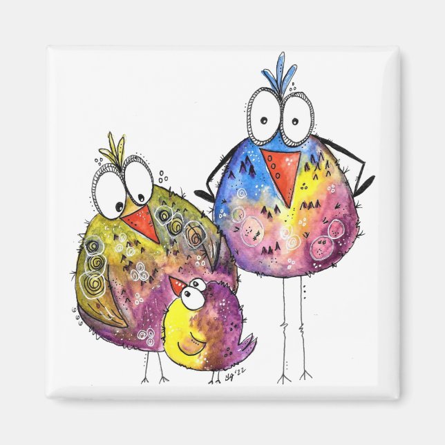Three Cute Whimsical Colourful Birds Magnet (Front)