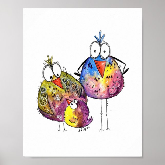 Three Cute Whimsical Colourful Birds Poster (Front)