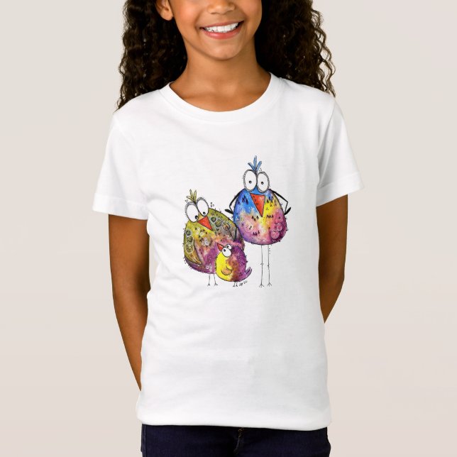 Three Cute Whimsical Colourful Birds T-Shirt (Front)