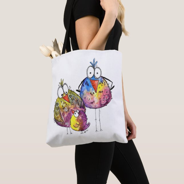 Three Cute Whimsical Colourful Birds Tote Bag (Close Up)