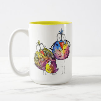 Three Cute Whimsical Colourful Birds Two-Tone Coffee Mug