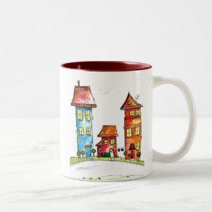 Three Cute Whimsical Houses Two-Tone Coffee Mug