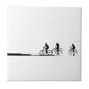 Three Cyclists Cycling Beach Reflection Sketch Tile
