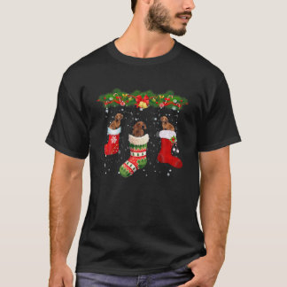 Three Dachshund Dog In Sock Christmas Santa Hat Xm T-Shirt