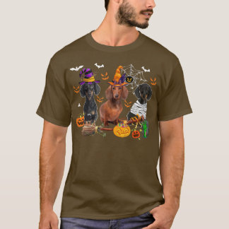 Three Dachshund Dogs Witch Halloween Mummy Scary P T-Shirt
