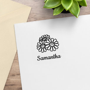 Three Daisies Custom Name Rubber Stamp
