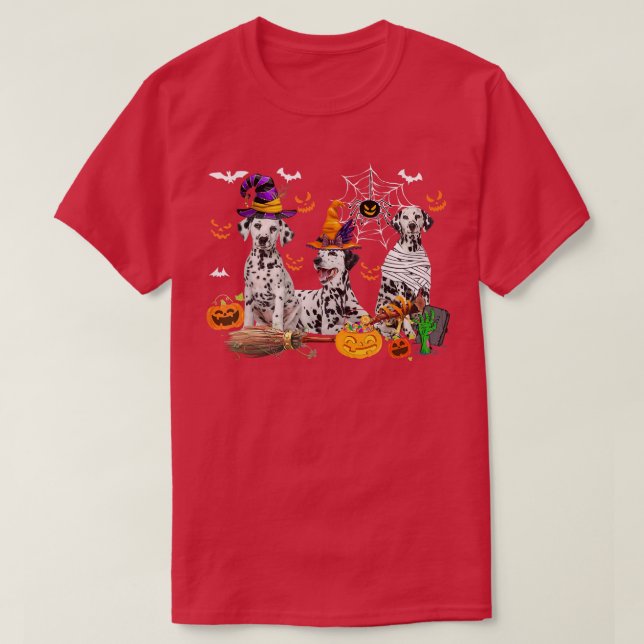 Three Dalmatian Dogs Witch Halloween Mummy Scary P T-Shirt (Design Front)