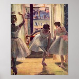 Three dancers in a practice room by Edgar Degas Poster