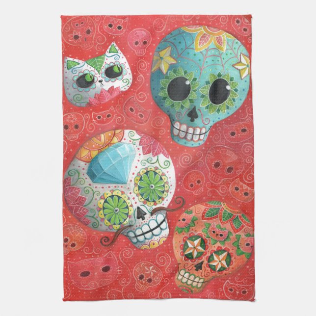 Three Day of The Dead Skulls Tea Towel (Vertical)