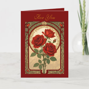Three Deep Red Roses Art Nouveau Style Card