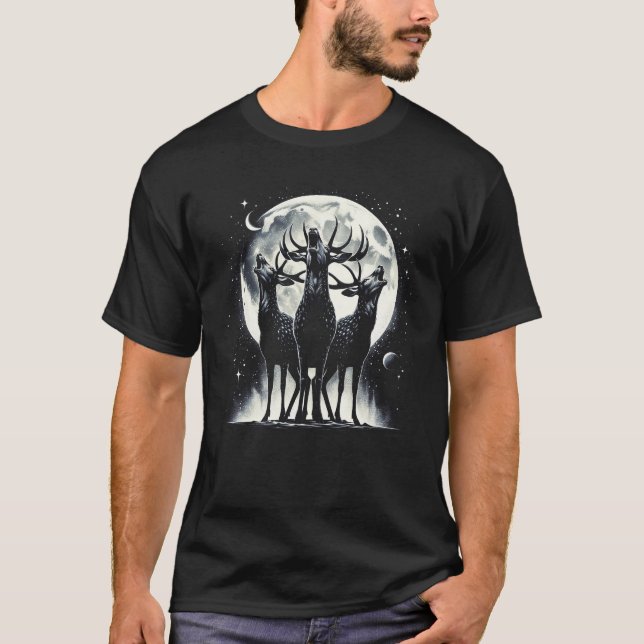 Three Deers Howling at Moon Like Three Wolves T-Shirt (Front)