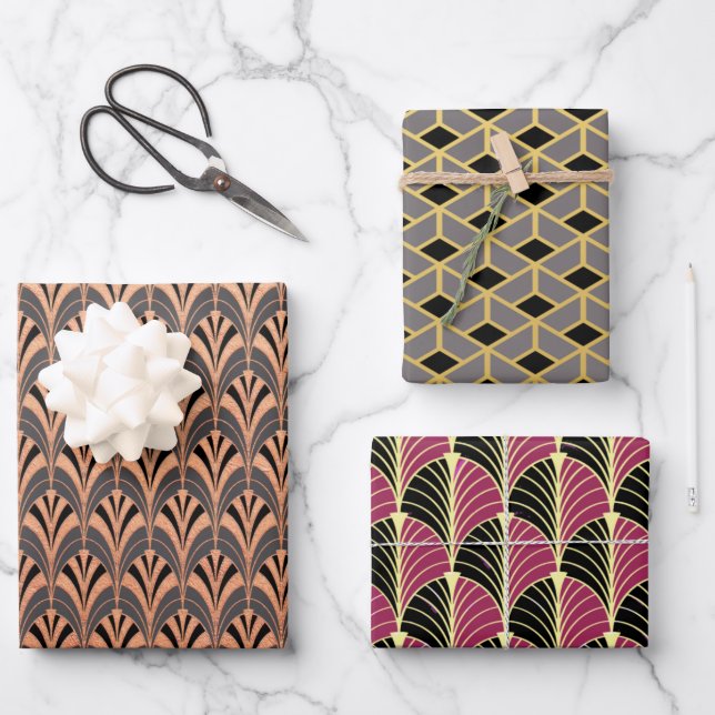 Three Different Art Deco Style Wrapping Paper Shee (Front)