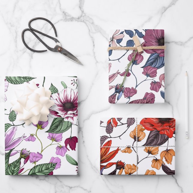 Three different colour flowers pattern wrapping paper sheet (Front)
