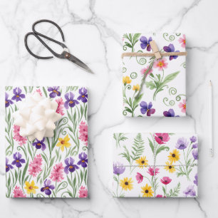Three Different Yellow, Pink, Purple Floral Wrapping Paper Sheet