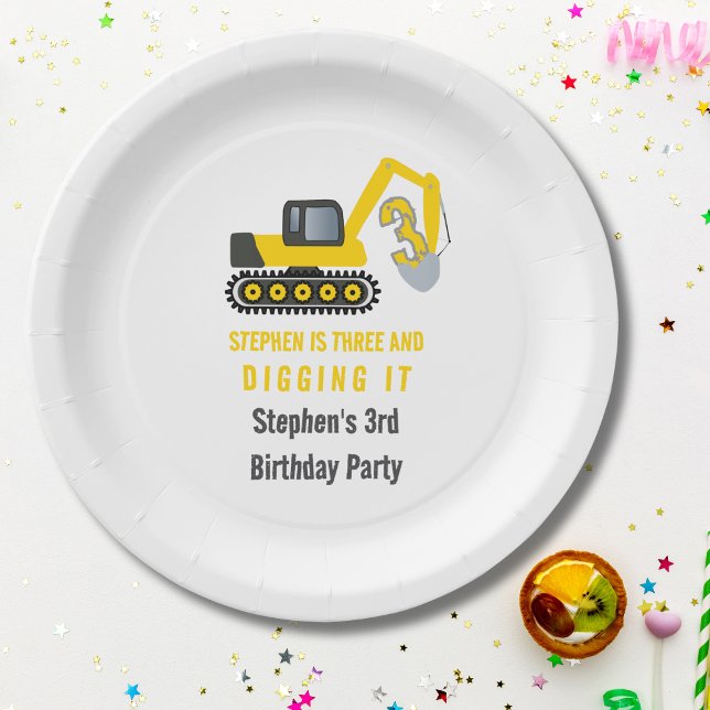 Three & Digging it Construction 3rd Birthday Party Paper Plate (Creator Uploaded)