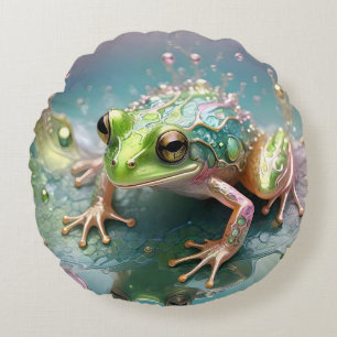 Three Dimensional Green Fractal Art Frog, Round Cushion