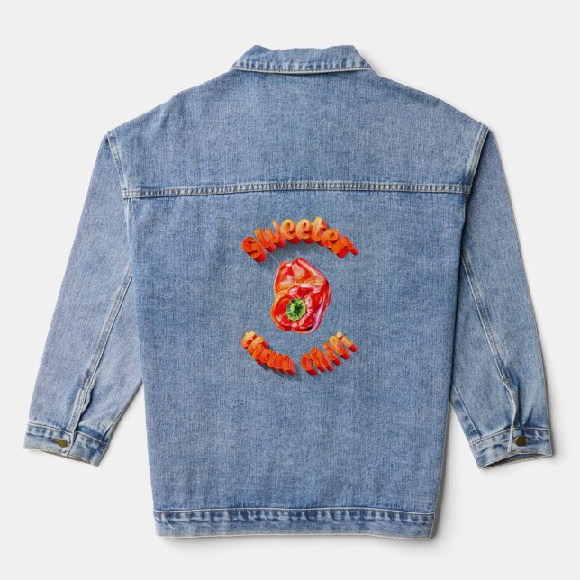 Three-Dimensional Text Sweeter Than Chilli Drawing Denim Jacket (Back)