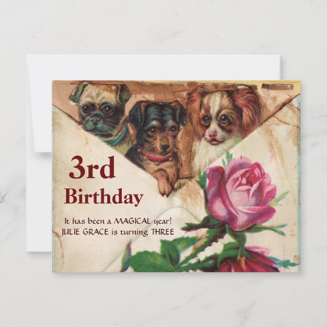 THREE DOGGIES WITH ROSES,3rd Birthday Parchment Invitation (Front)
