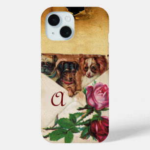 THREE DOGGIES WITH ROSES  MONOGRAM iPhone 15 CASE