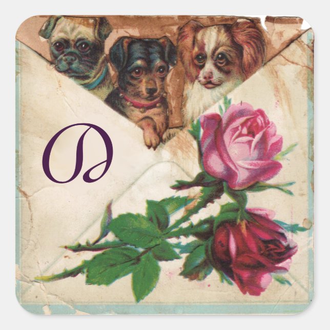 THREE DOGGIES WITH ROSES  MONOGRAM SQUARE STICKER (Front)