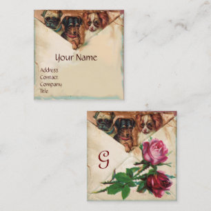 THREE DOGGIES WITH ROSES, Parchment,Monogram Square Business Card