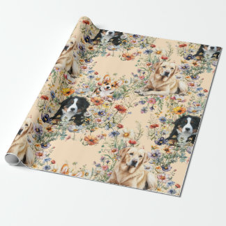 Three Dogs in Wildflowers Seamless Wrapping Paper